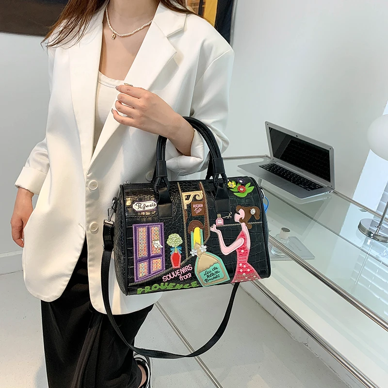 Boston-Sac à main brodé pour femme, sac à main de luxe, sac à bandoulière design, cartable mignon, haute qualité, mode initiée