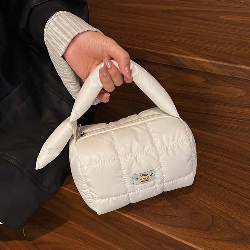 sac matelassé à grille plissée en nylon, organisateur de cosmétiques léger à main, fourre tout gonflable épais tridimensionnel, pochette quotidienne