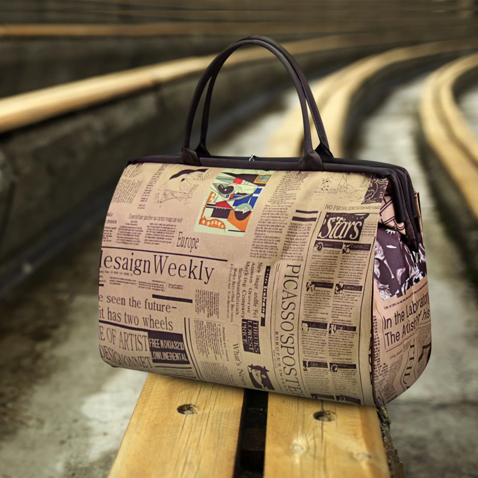 sac à main de voyage étanche pour femme, imprimé journal, vintage, mode