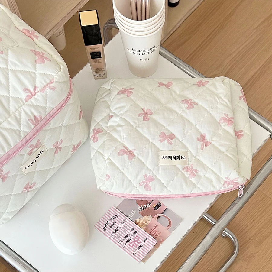 sac de maquillage matelassé en coton pour femmes, organisateur de cosmétiques à fermeture éclair, sac à main en tissu à fleurs avec nœud mignon, trousse de toilette portable pour filles