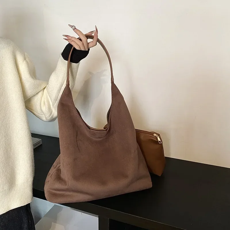 sac à bandoulière en daim pour femmes, rétro, simple, grande capacité, tendance, travail hobo, couleur unie, vintage, sac à poignée supérieure