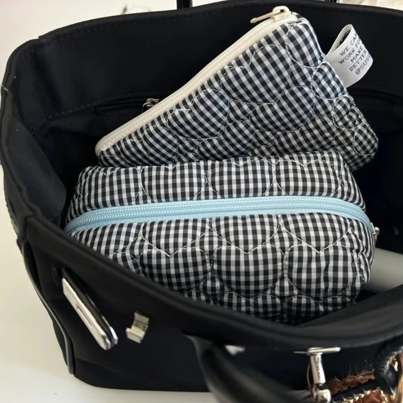 sacs à cosmétiques matelassés à carreaux pour filles, pochette rétro pour dames, porte monnaie, sac de rangement de toilette portable de voyage pour femmes