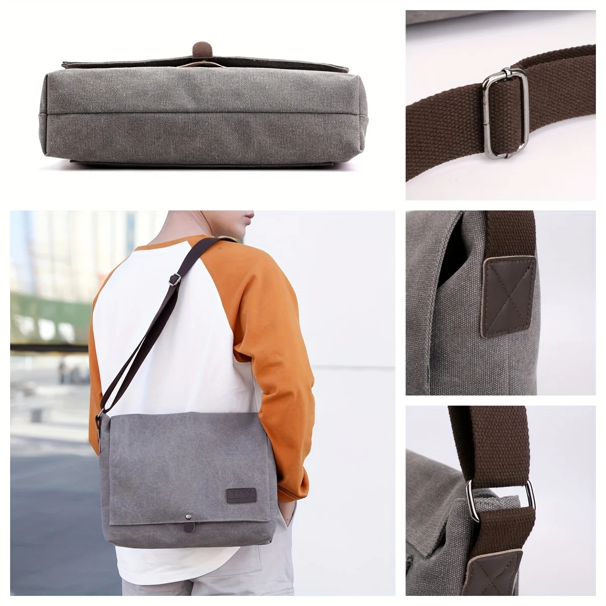 sac messager en toile marron – léger, durable, sangle réglable. parfait pour les déplacements, les voyages et l'utilisation quotidienne.