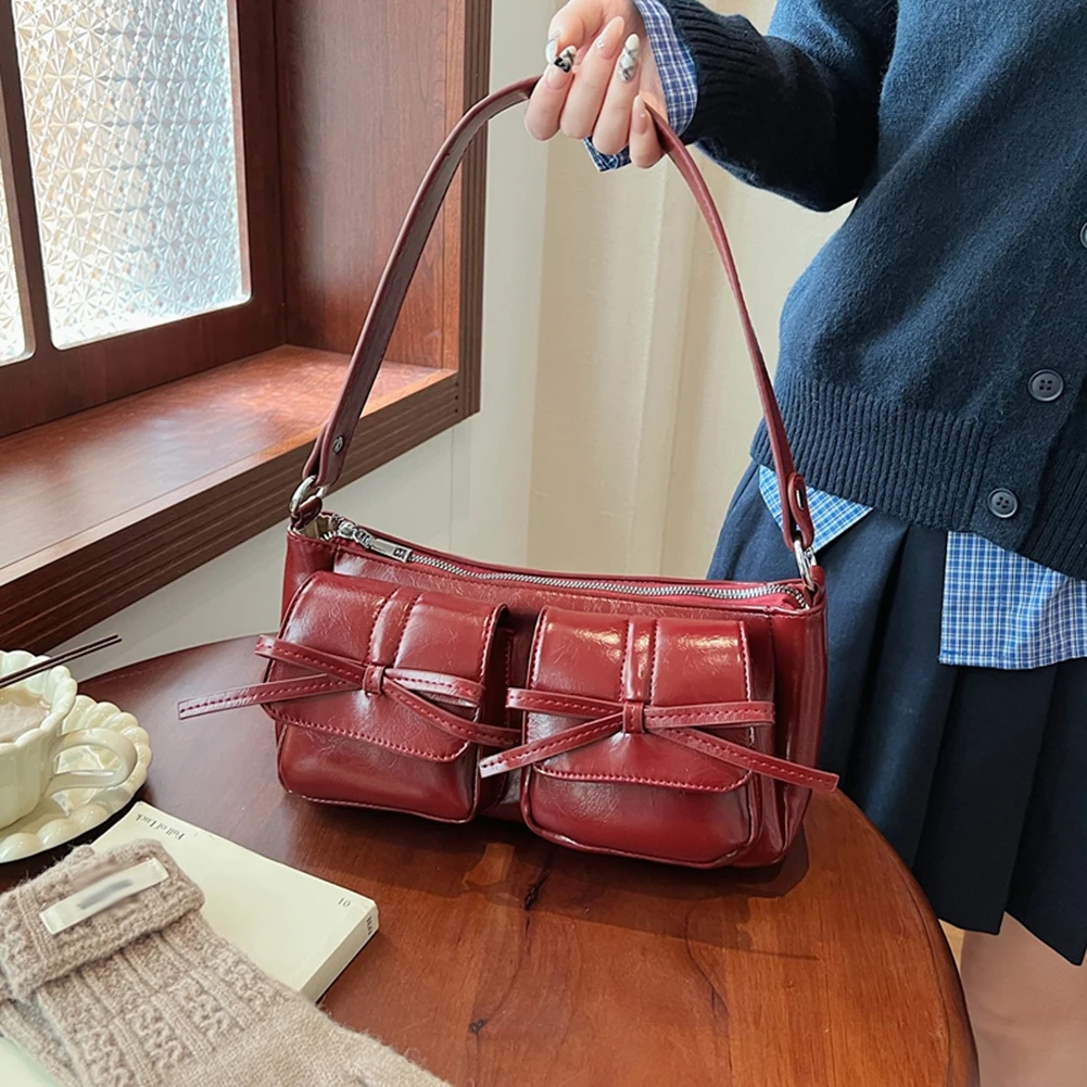 sac à bandoulière rétro en cuir pu pour femme, double poches, sacs initiés y2k, sac à main fourre tout solide, grande capacité, nœud doux