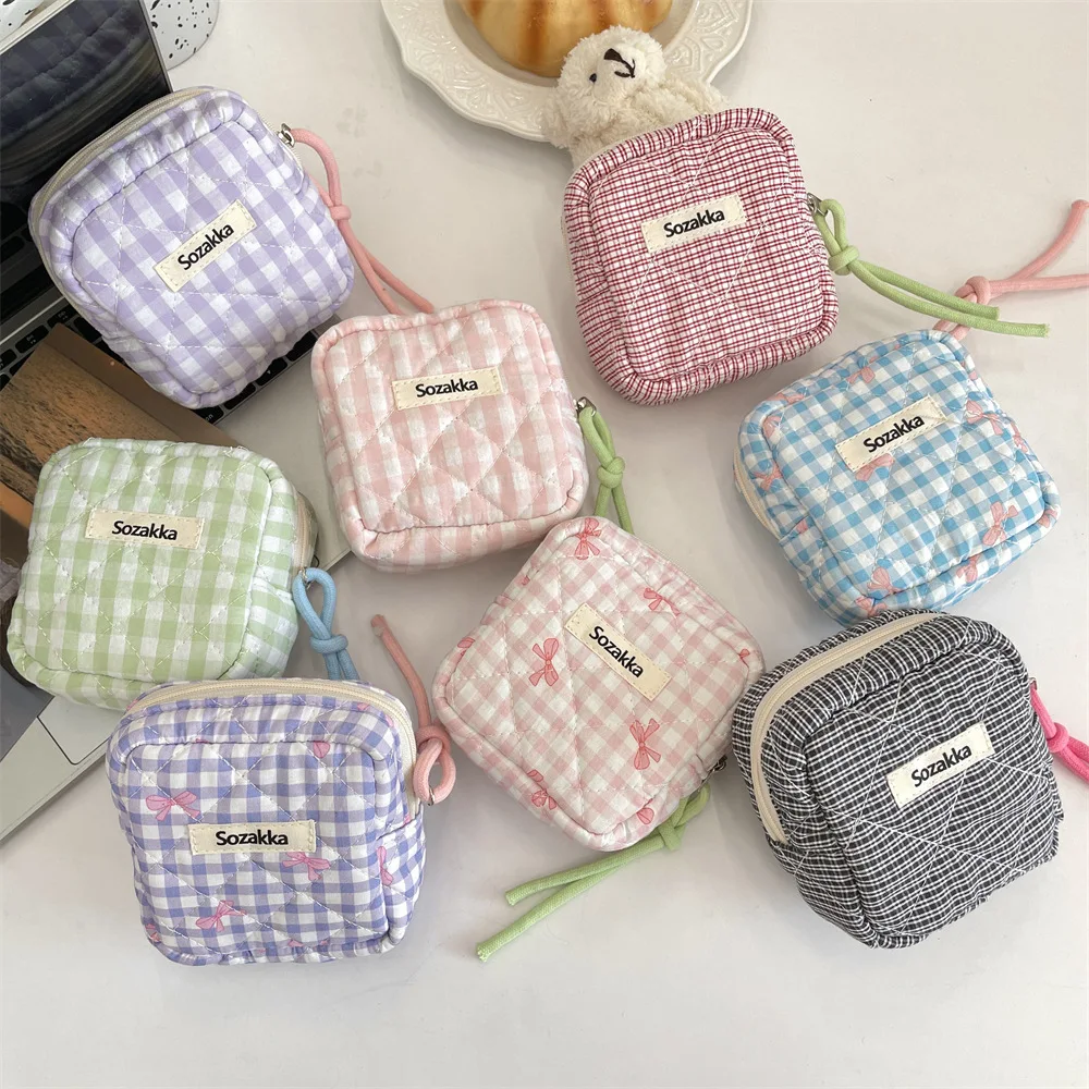 mini trousse de maquillage en coton matelassé pour femme, sac de rangement pour serviette hygiénique, porte-monnaie étudiant, clés, sauna, poudres de téléphone, nœud à carreaux