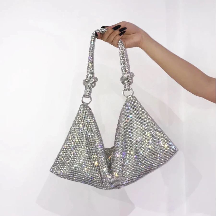 Sac à main hobo de luxe avec poignée et strass brillants, pochette de soirée, bourse en cristal