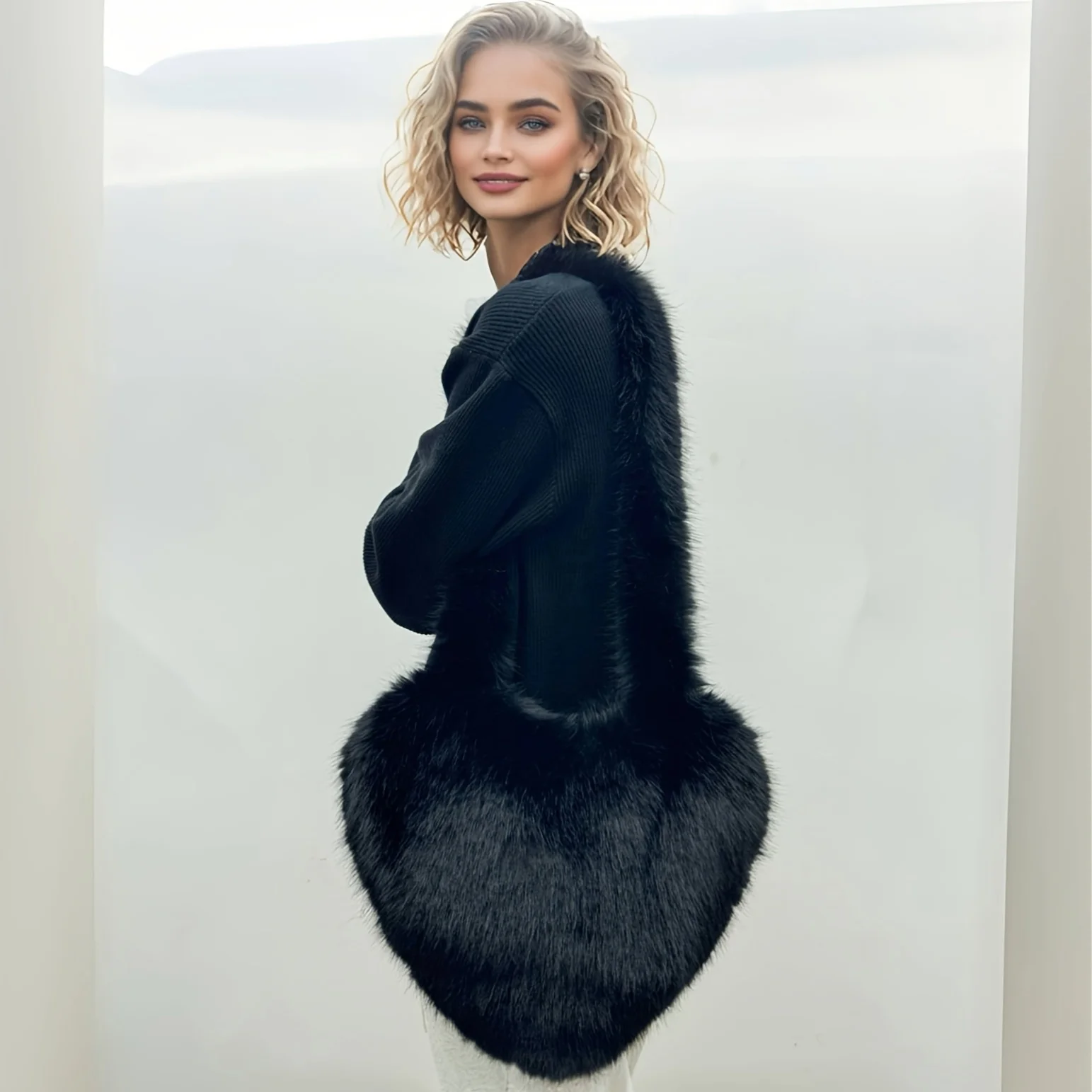 sac à bandoulière en peluche chic heart – style américain vintage, grande capacité, sac en fausse fourrure noire pour voyage et streetwear.