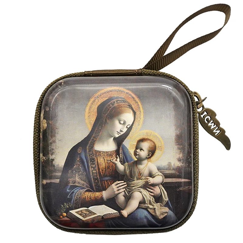Porte-monnaie carré, sac chapelet vierge marie, boîte de rangement de perles de prière de jésus, organisateur de bijoux religieux, cadeau chrétien pour femmes et hommes
