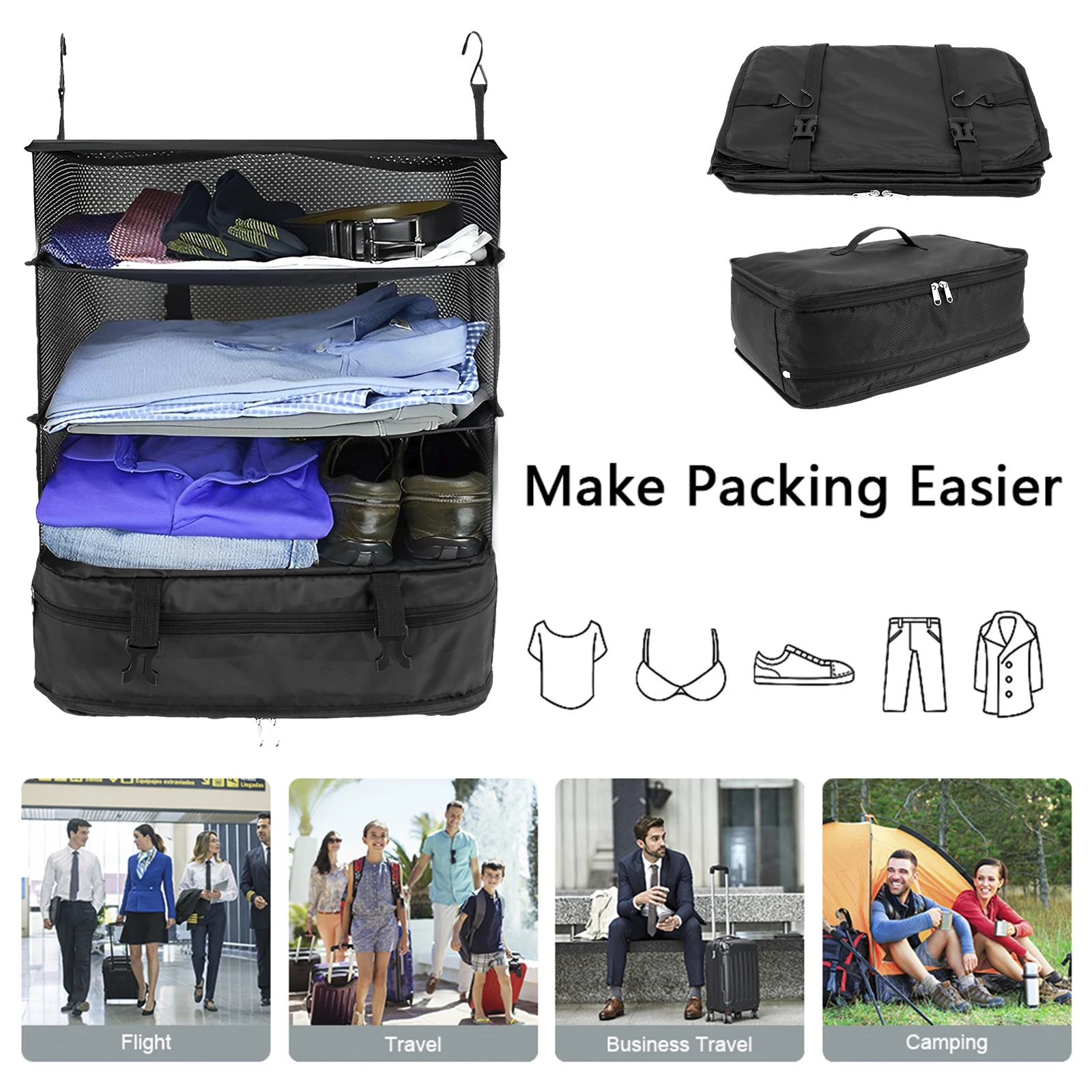 organisateur de bagages de voyage, étagères de voyage portables, sac de valise à 3 étagères, cube d'emballage pliable, sac de rangement pour placard suspendu, espace