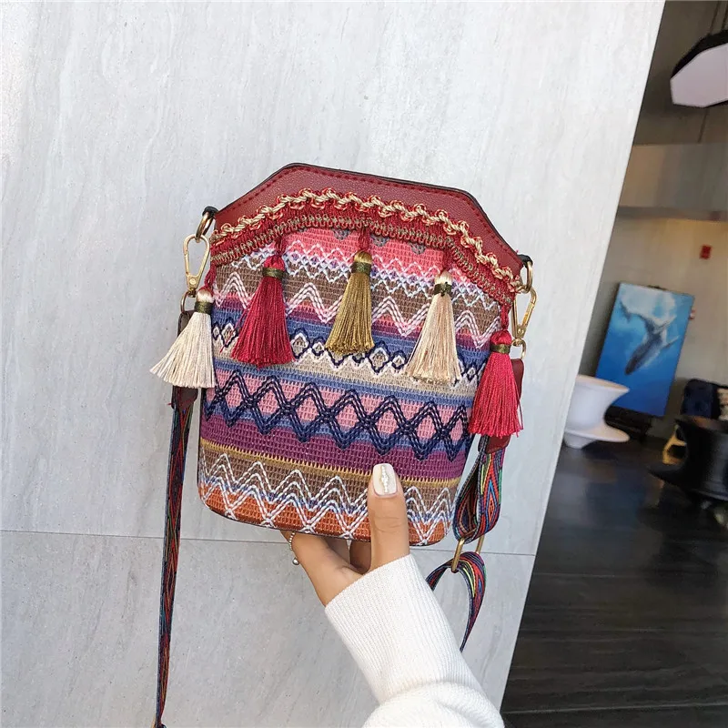 sac à bandoulière bohème ethnique pour femme, pompon vintage, tissé à la main, sac à bandoulière hippicopter, sacs initiés, sac à main pour femme, e27