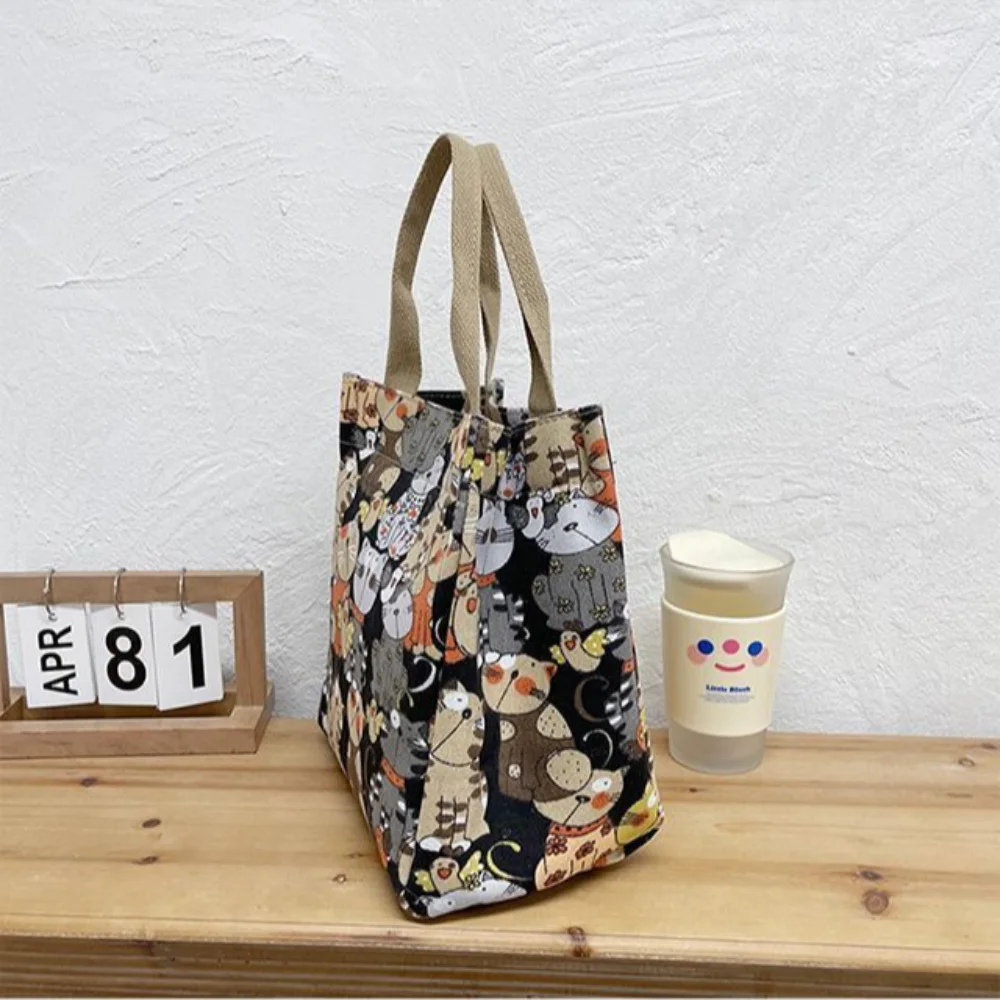 sac à déjeuner imprimé dessin animé mignon, sac en toile portable, sac à main et fourre tout décontractés pour femmes pour l'école, le bureau, sac de pique nique