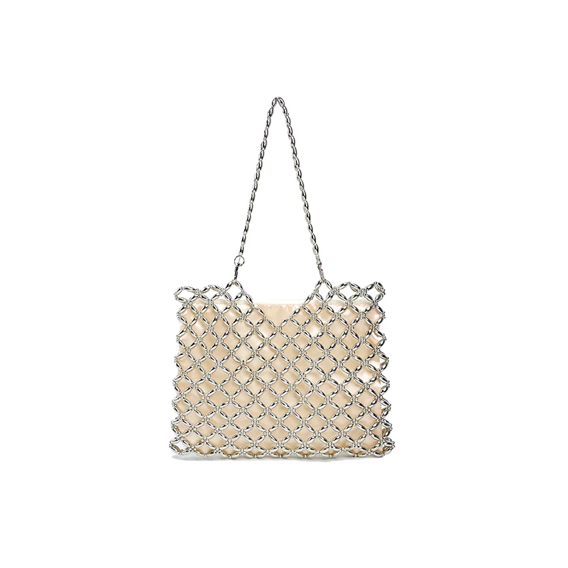 sac femmes 2025 nouveau décontracté à la main argent perlé creux sac tissé sac à main simple épaule sous les bras mère sac