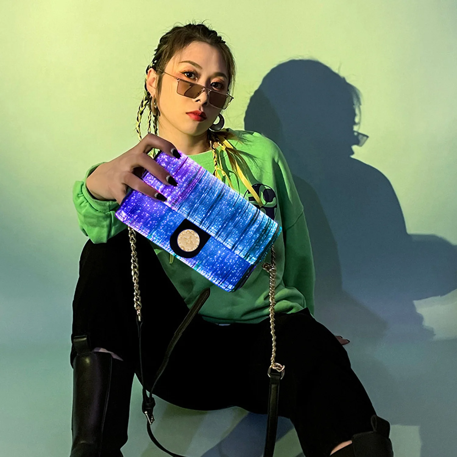 sacs carrés shoous colorés pour femmes, sac à bandoulière en tissu de fibre optique, lumière led, nouvelle mode initiée