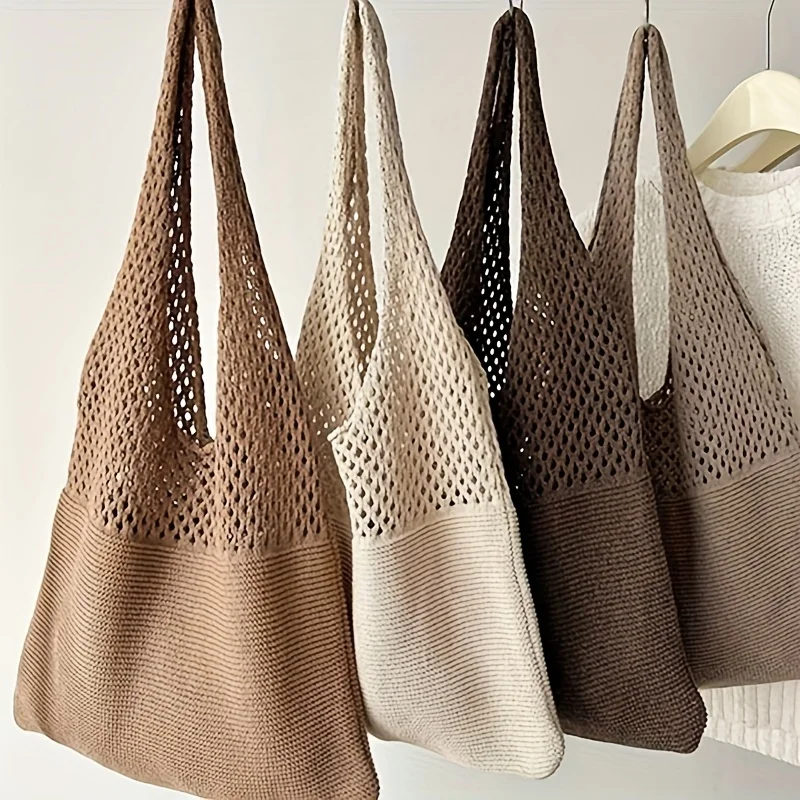 boho chic sac fourre tout en crochet – sac à bandoulière élégant en tricot de couleur unie avec design en maille respirante, idéal pour les vacances d'été à la plage