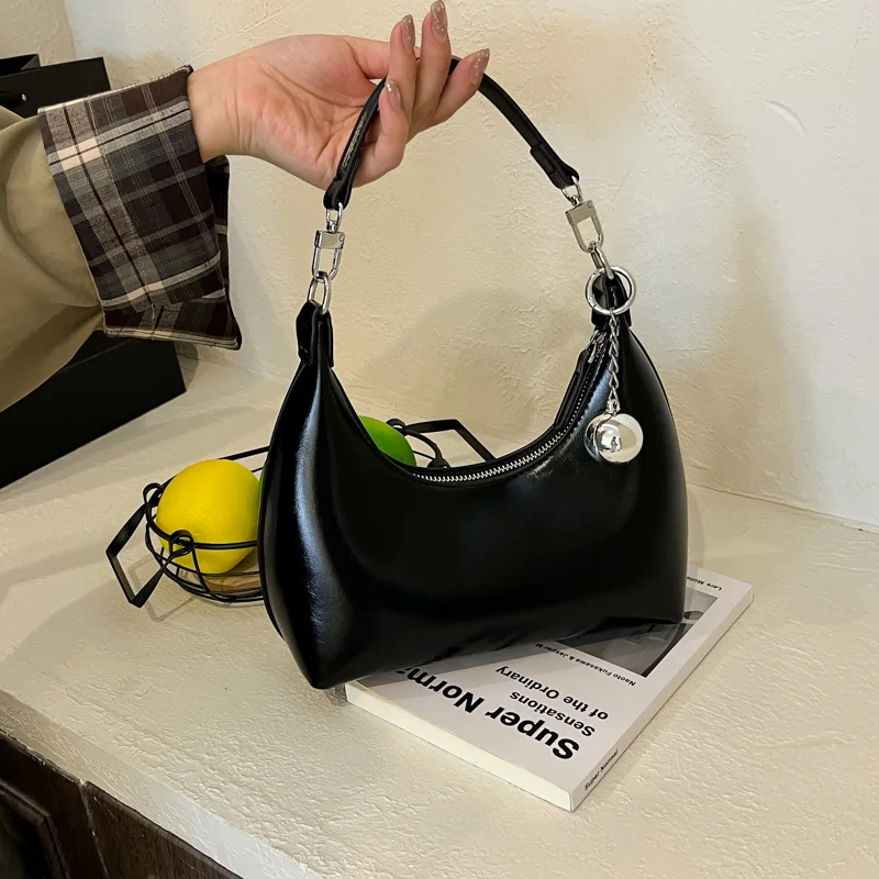 sac baguette d'inspiration rétro, sac à main chic en cuir demi lune structuré de styliste pour femmes, sac à main et à bandoulière multi voies avec fermeture éclair