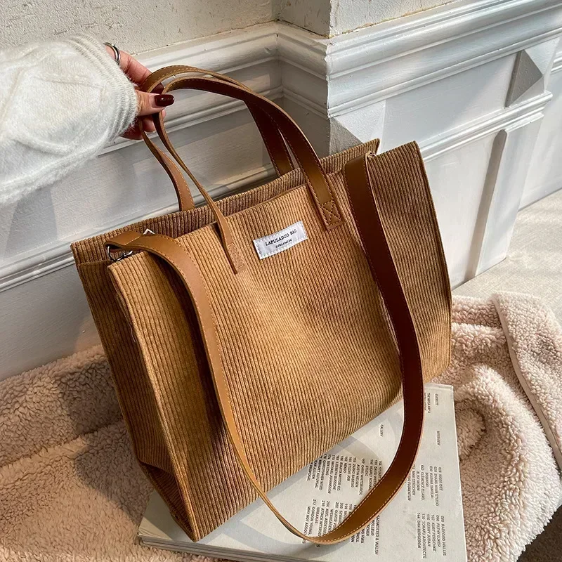 sacs à main vintage en velours côtelé pour femme, sacoche à bandoulière, fourre tout, shopping