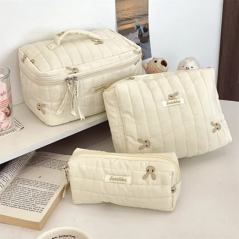 Sac à Cosmétiques Brodé Matelassé en Tissu Coton Doux pour Femme, Trousse de Maquillage, Sacs à Main de Rangement pour Bol d'Université