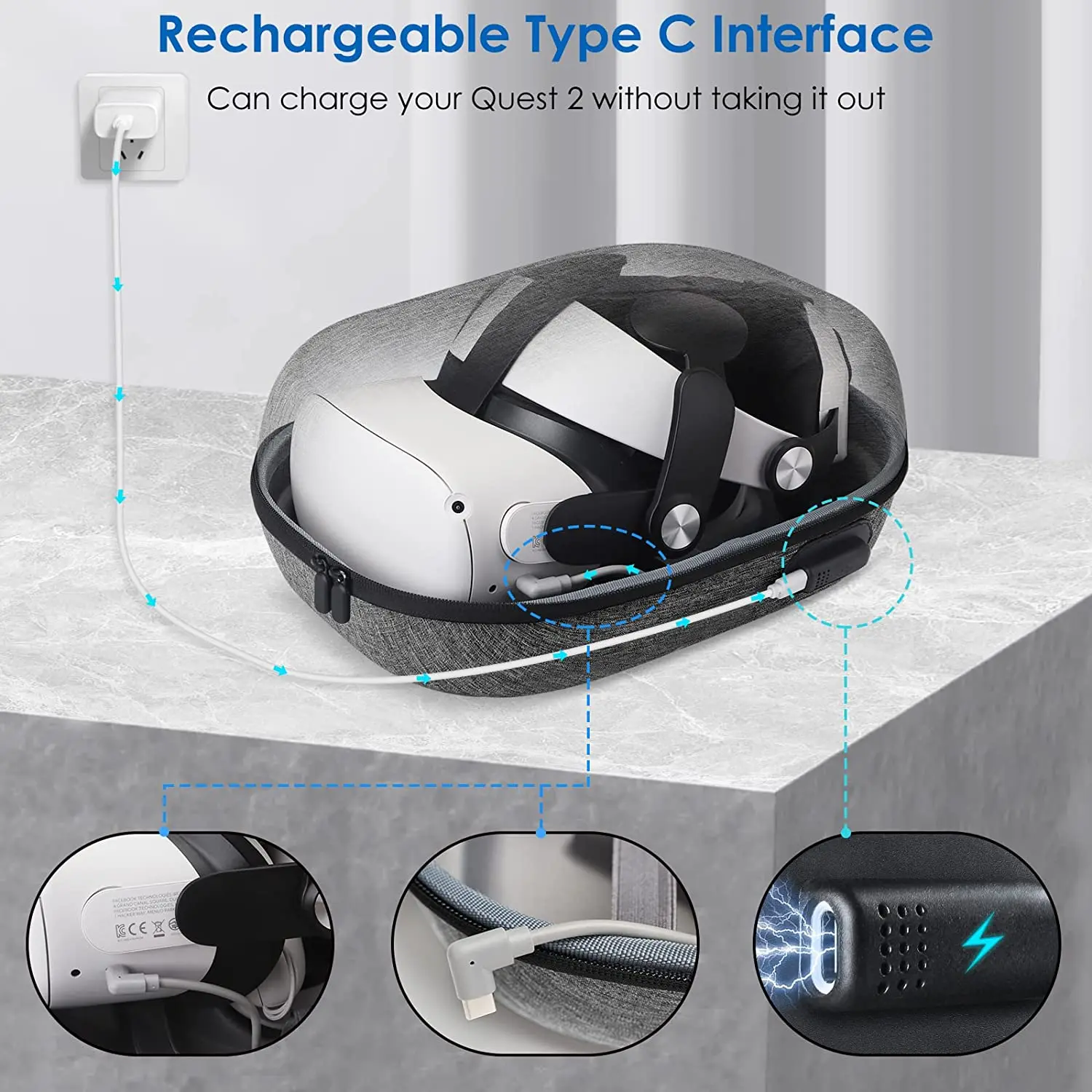 compatible avec oculus quest 2, sac de rangement de voyage eva anti chute rechargeable, étui de transport rigide, adapté aux voyages et au rangement