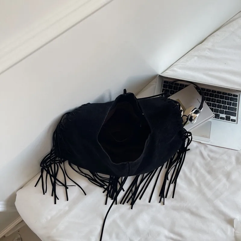 sac hobo à franges en faux daim, sac hobo à pompon de couleur unie, sac à bandoulière ample à grand nœud, léger pour filles et femmes, cadeaux d'anniversaire