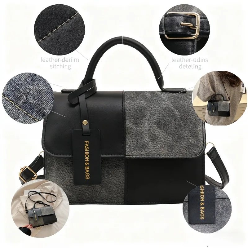 Sac cartable Patchwork en cuir PU pour femmes, sac à main avec poignée supérieure, sac à bandoulière polyvalent pour un usage quotidien