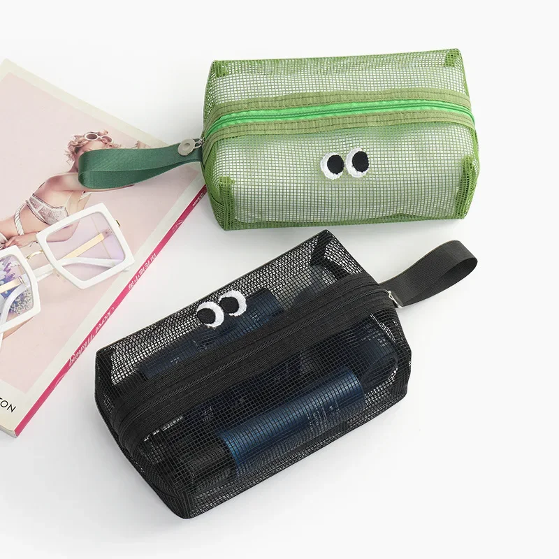 sac de rangement en maille carrée portable, sac à cosmétiques en maille à fermeture éclair, petit porte monnaie en maille carrée, rangement de voyage, poudres de transport