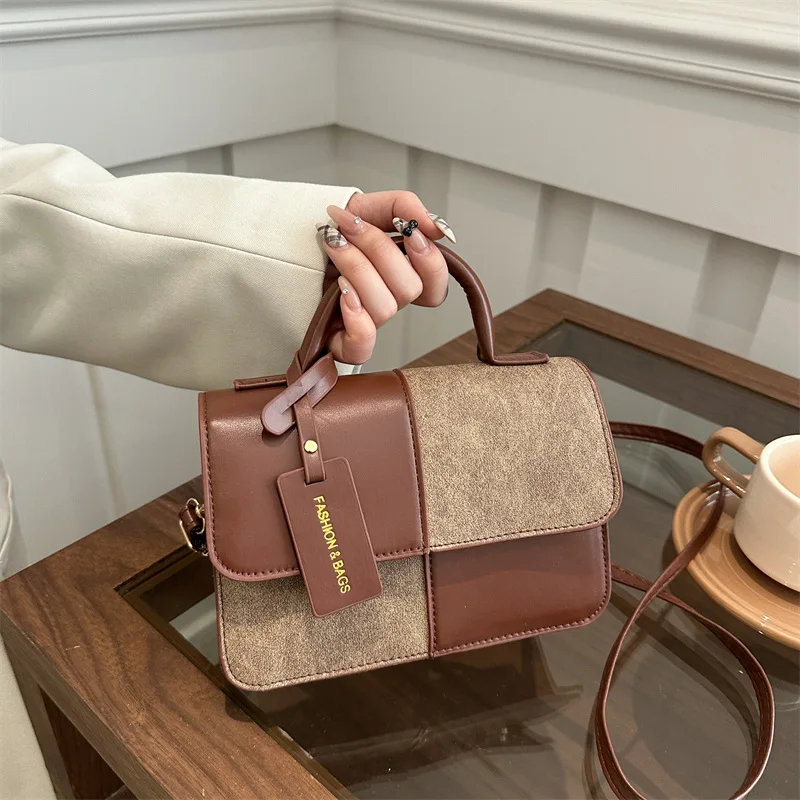 sac cartable patchwork en cuir pu pour femmes, sac à main avec poignée supérieure, sac à bandoulière polyvalent pour un usage quotidien