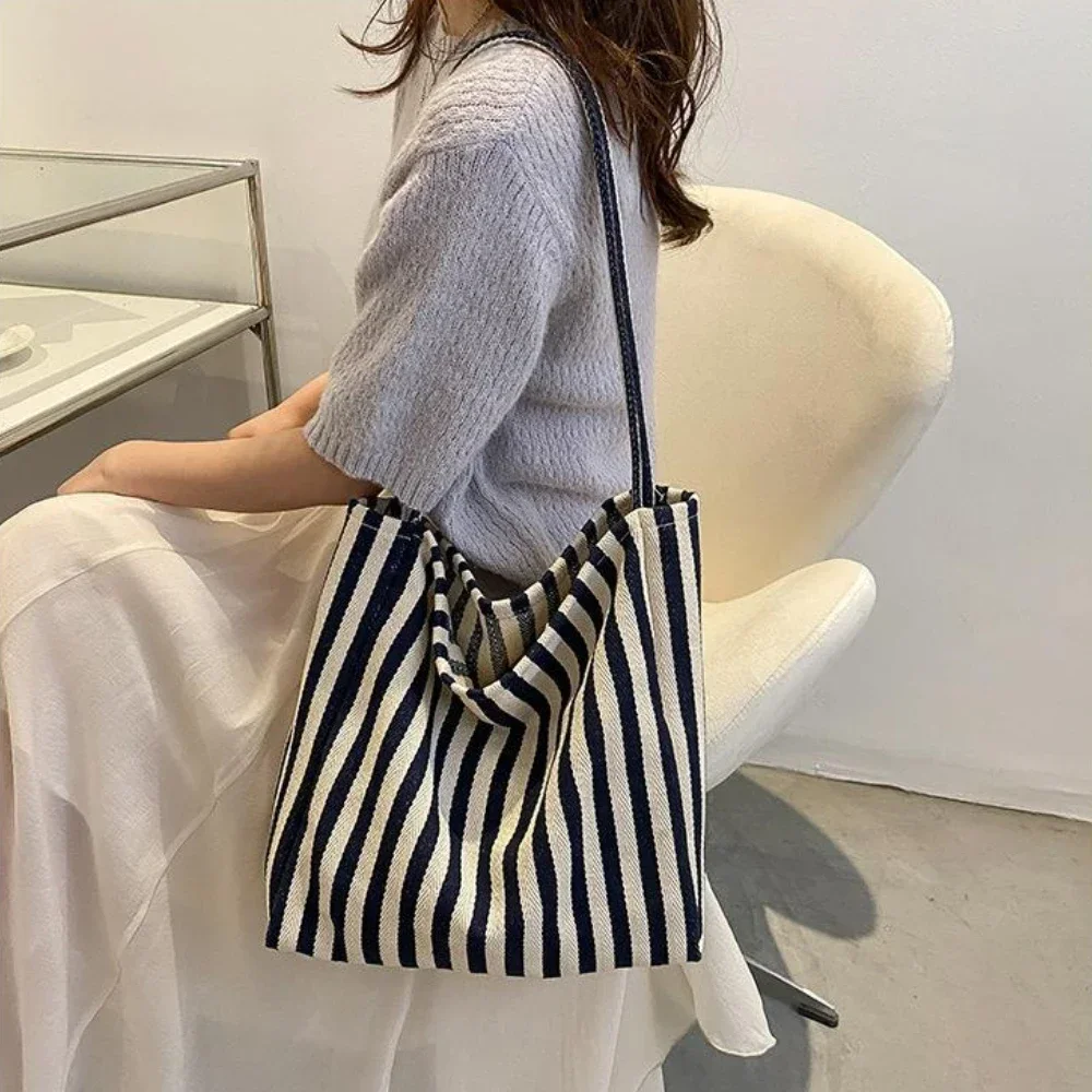 femme décontracté multifonctionnel voyage poignée supérieure sac à main grande capacité toile femmes shopper fourre-tout simple rayé sac à bandoulière 2025