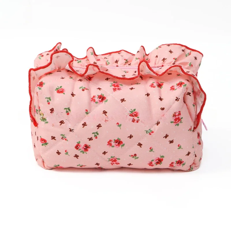 sac de maquillage matelassé à fleurs, grand sac à cosmétiques mignon, coquette, pochette de maquillage de voyage, sac de rangement de toilette esthétique portable à fermeture éclair