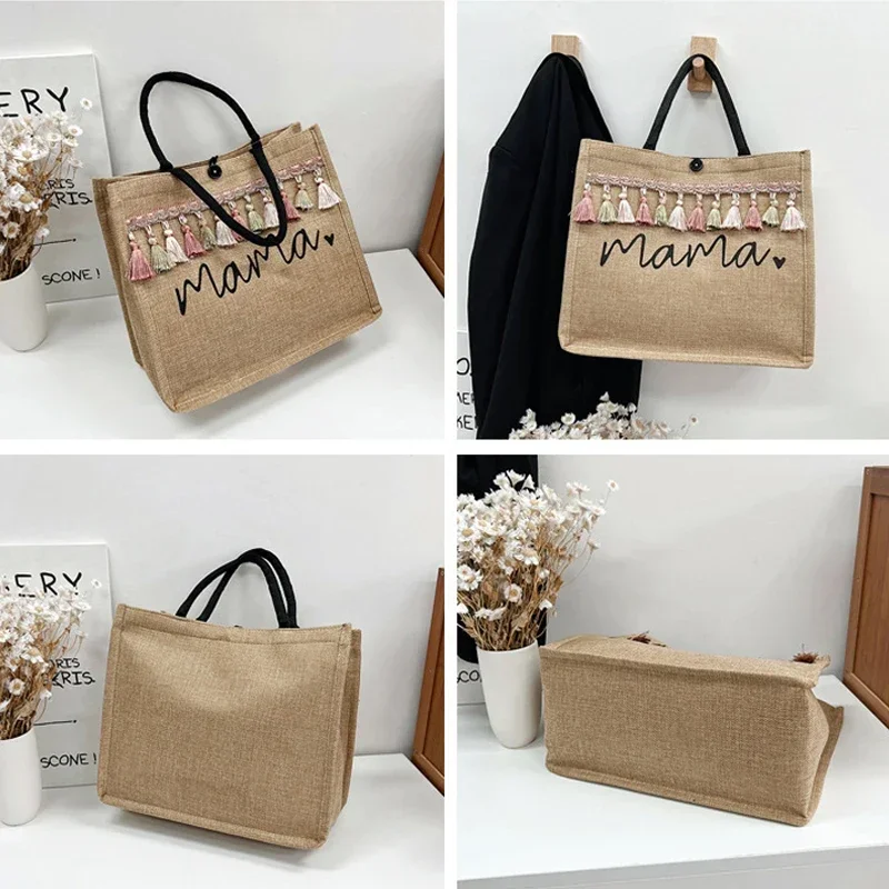femmes sac fourre tout mode maman lettre impression lin sac à main grande capacité bébé sac à couches décontracté shopping sac à bandoulière maman cadeaux
