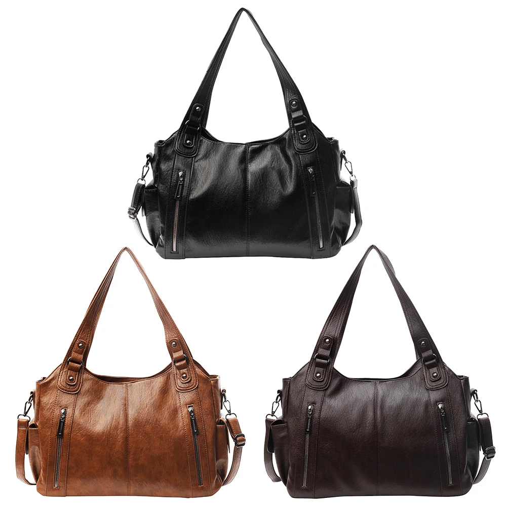 sac fourre tout pour femmes avec multi poches, sacoche en cuir pu avec fermeture éclair, sac à main rétro tendance pour le travail et les voyages