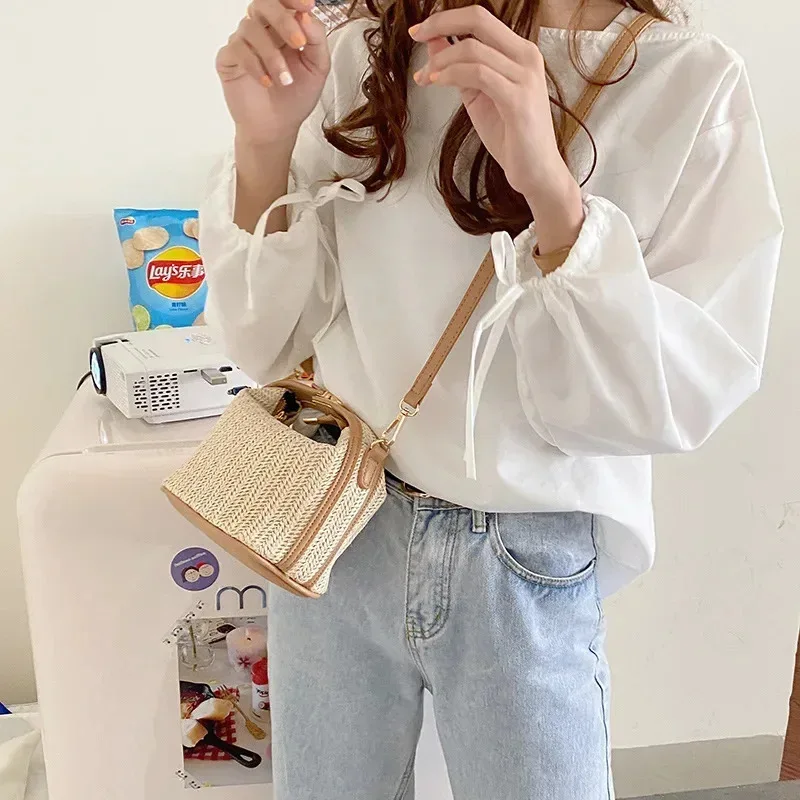 sac à bandoulière tissé seau, fourre tout en paille d'été, sac à bandoulière décontracté, sac de plage