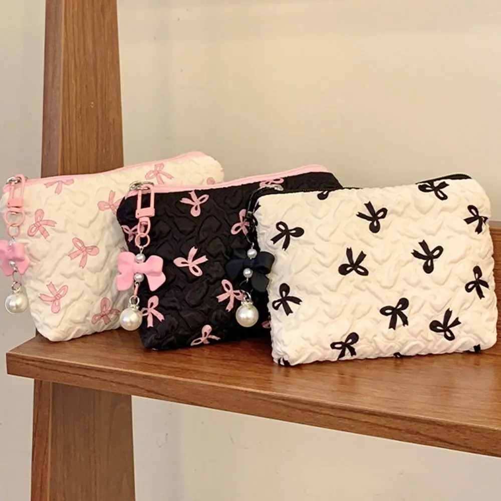 Trousse de maquillage en coton matelassé pour femme, trousse de maquillage de voyage pour fille, petite trousse de maquillage portable, poudres de maquillage à nœud