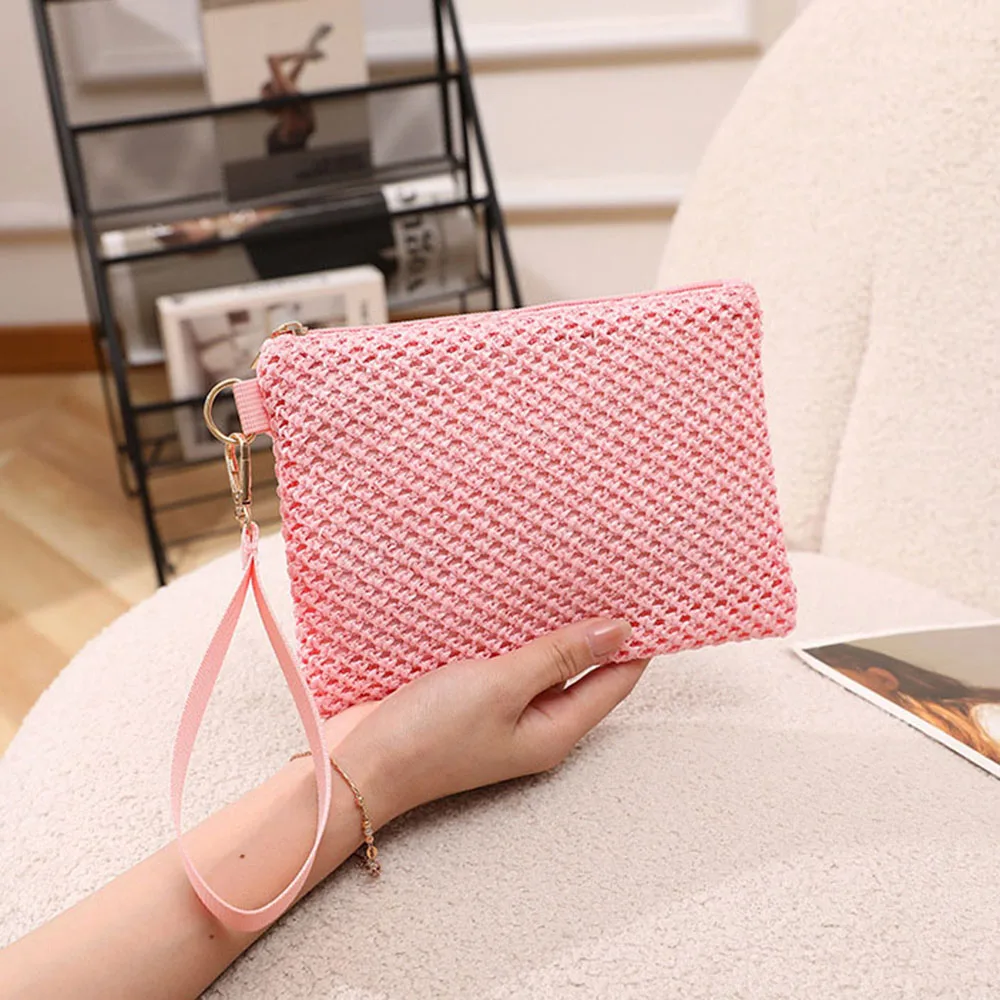 pochette en paille tissée faite à la main pour femme, porte monnaie pour fille, portefeuille de plage, sac à poignet solide, frais et doux, mode pour femme