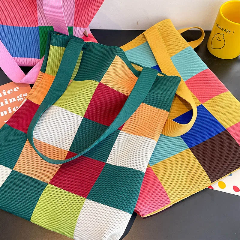 sac seau arc en ciel, sac tricoté, sac en damier réutilisable pour femmes, voyage quotidien