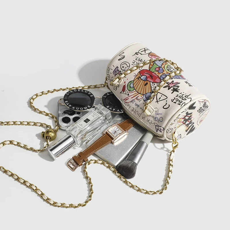 sac à main cylindrique transfrontalier avec chaîne graffiti pour femme, sacoche à bandoulière, nouvelle collection