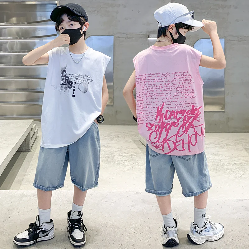 Costume d'été pour enfants, t-shirt sans manches en coton et short en Denim, ensemble de vêtements deux pièces, tenues de survêtement à la mode pour enfants
