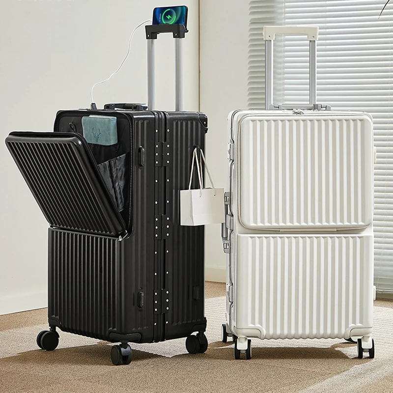 Valise à ouverture avant 2025, nouvelle grande capacité, bagages à cadre en aluminium de 20/30 pouces avec porte-gobelet USB, sac pour ordinateur portable, valises de voyage