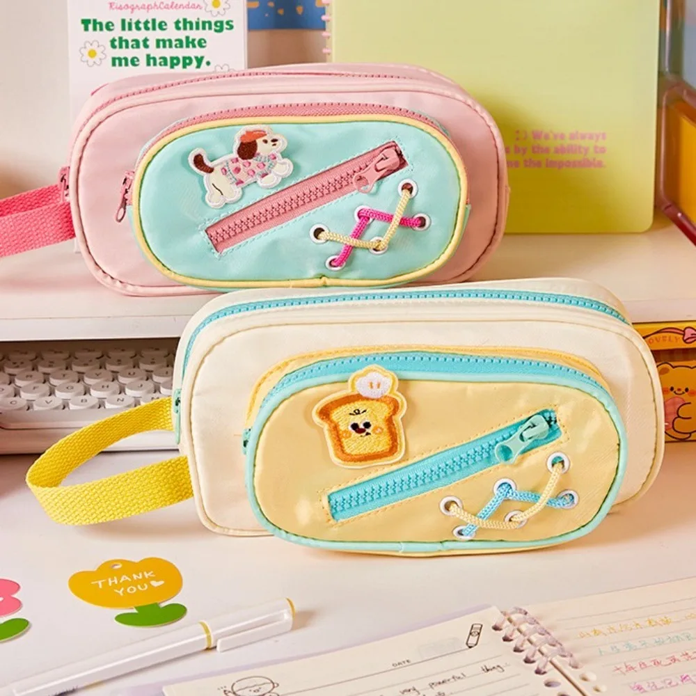 dessin animé 3 couches sac à crayons pain blanc chiot chien toile grande capacité sac à crayons portable esthétique papeterie sac de rangement