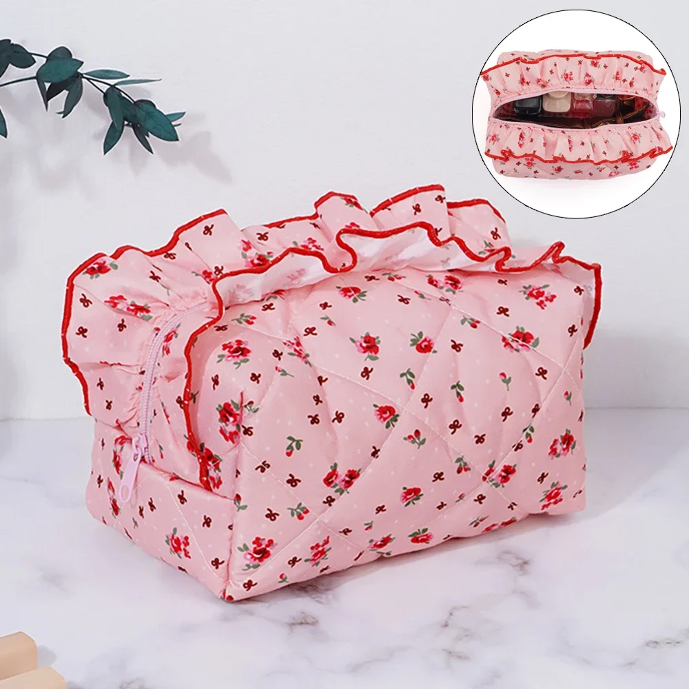 sac de maquillage matelassé à fleurs, grand sac à cosmétiques mignon, coquette, pochette de maquillage de voyage, sac de rangement de toilette esthétique portable à fermeture éclair