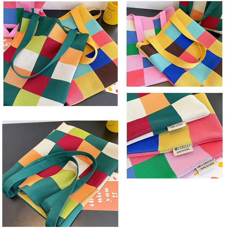 sac seau arc en ciel, sac tricoté, sac en damier réutilisable pour femmes, voyage quotidien