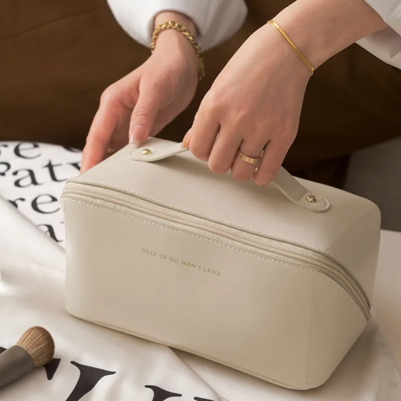 trousse de maquillage en cuir de grande capacité pour femme, trousse à cosmétiques, trousse de toilette multifonction, mallette de rangement étanche, évaluation portable, voyage