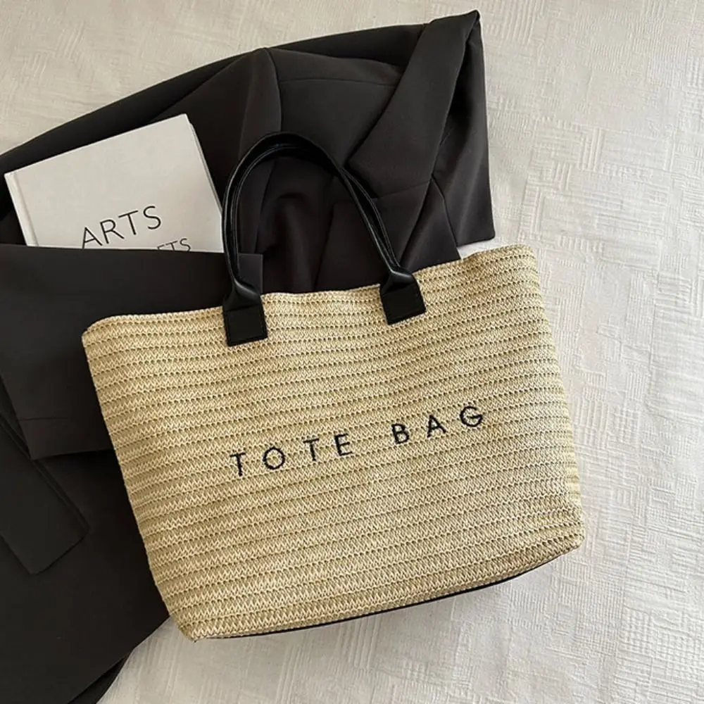sac à main de plage mignon tissé en paille, sac seau de grande capacité, sac de plage bohème, sac à bandoulière avec lettres de voyage