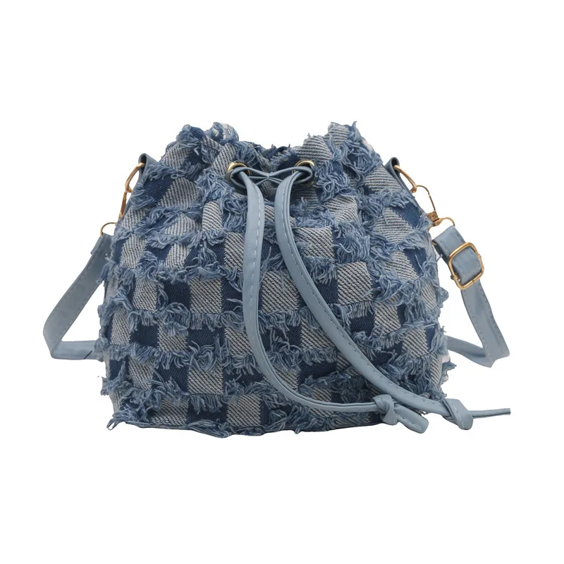 nouveau sac seau pour femmes, sac à bandoulière à carreaux, sac à main en denim durable, design à cordon de serrage de grande capacité,