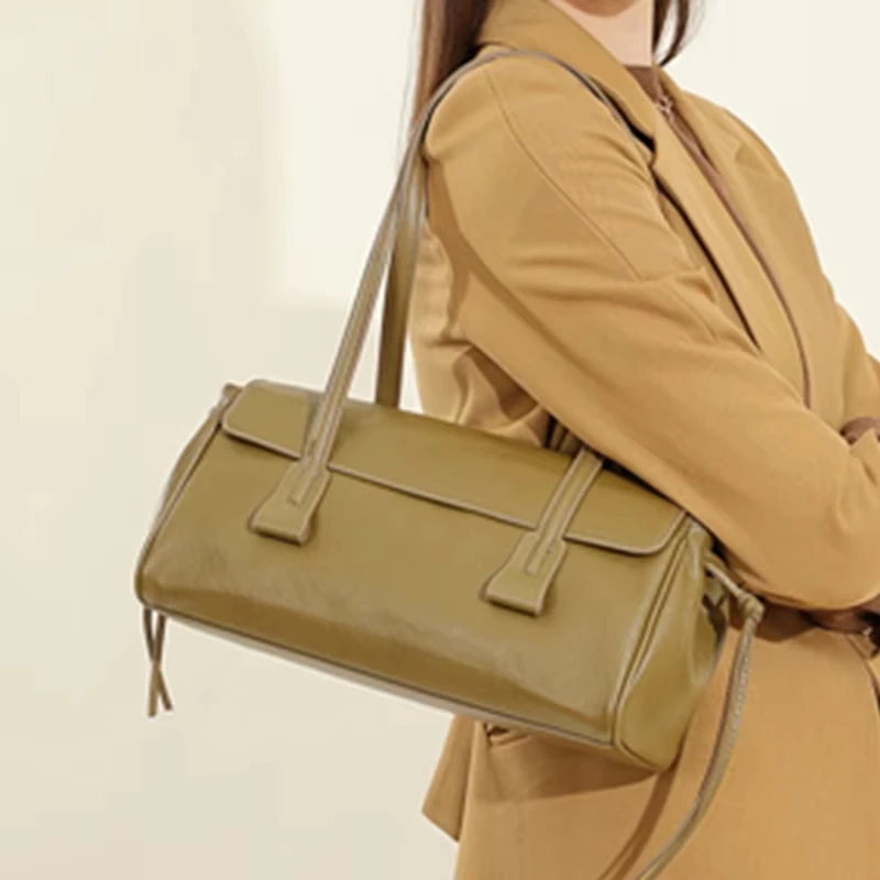 2025 nouveau sac à bandoulière en cuir véritable pour femmes grande capacité peau de vache sac à main de luxe longue bande vin rouge baguette sac femme