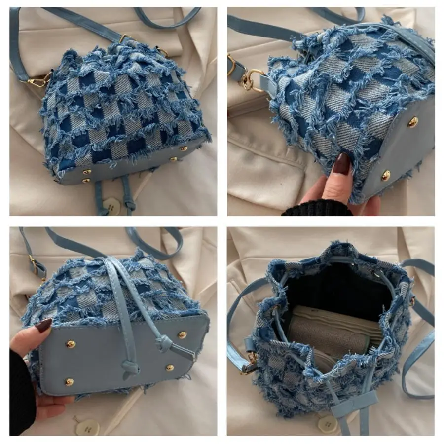 nouveau sac seau pour femmes, sac à bandoulière à carreaux, sac à main en denim durable, design à cordon de serrage de grande capacité,