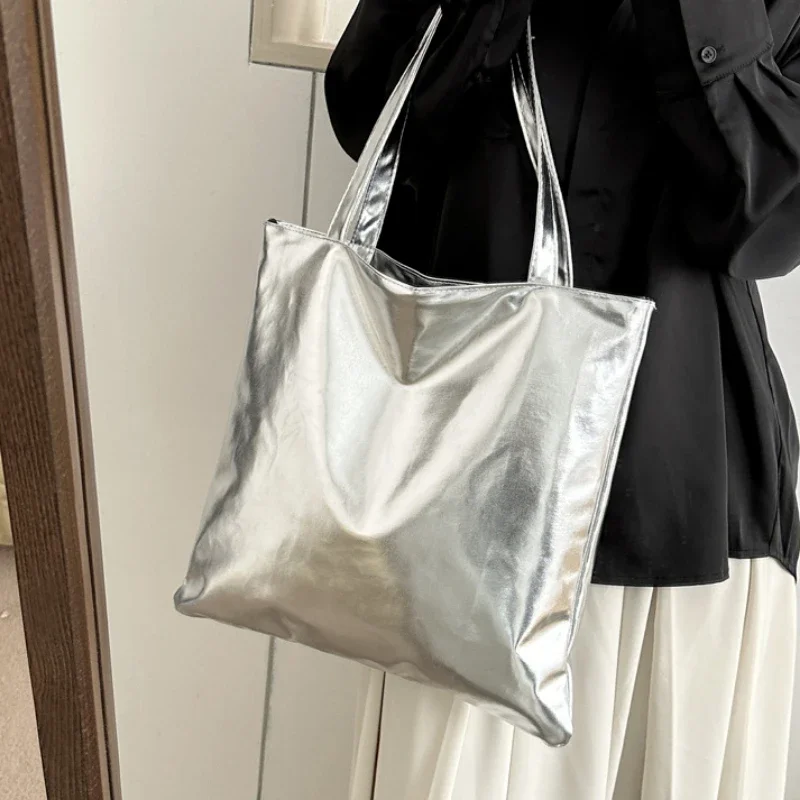 sacs fourre tout brillants pour femmes, pochette de shopping de grande capacité, sacs à main en cuir pu brillant décontracté, sac à bandoulière pour filles