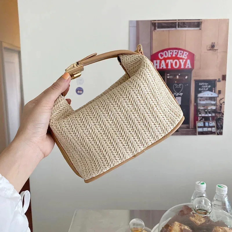 Sac à bandoulière tissé seau, fourre-tout en paille d'été, sac à bandoulière décontracté, sac de plage