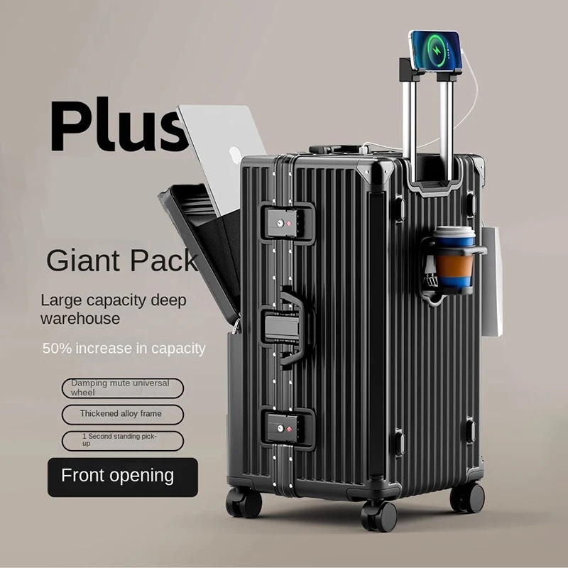 valise à ouverture avant 2025, nouvelle grande capacité, bagages à cadre en aluminium de 20/30 pouces avec porte gobelet usb, sac pour ordinateur portable, valises de voyage