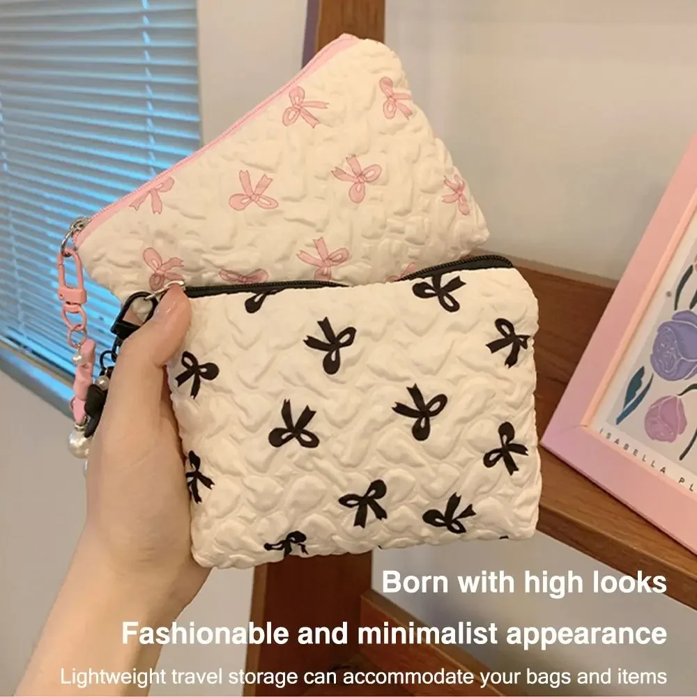 trousse cosmétique à nœud plissé pour femmes, trousse de maquillage en coton pour filles, poudres de maquillage portables little bow, trousse de maquillage de voyage matelassurera