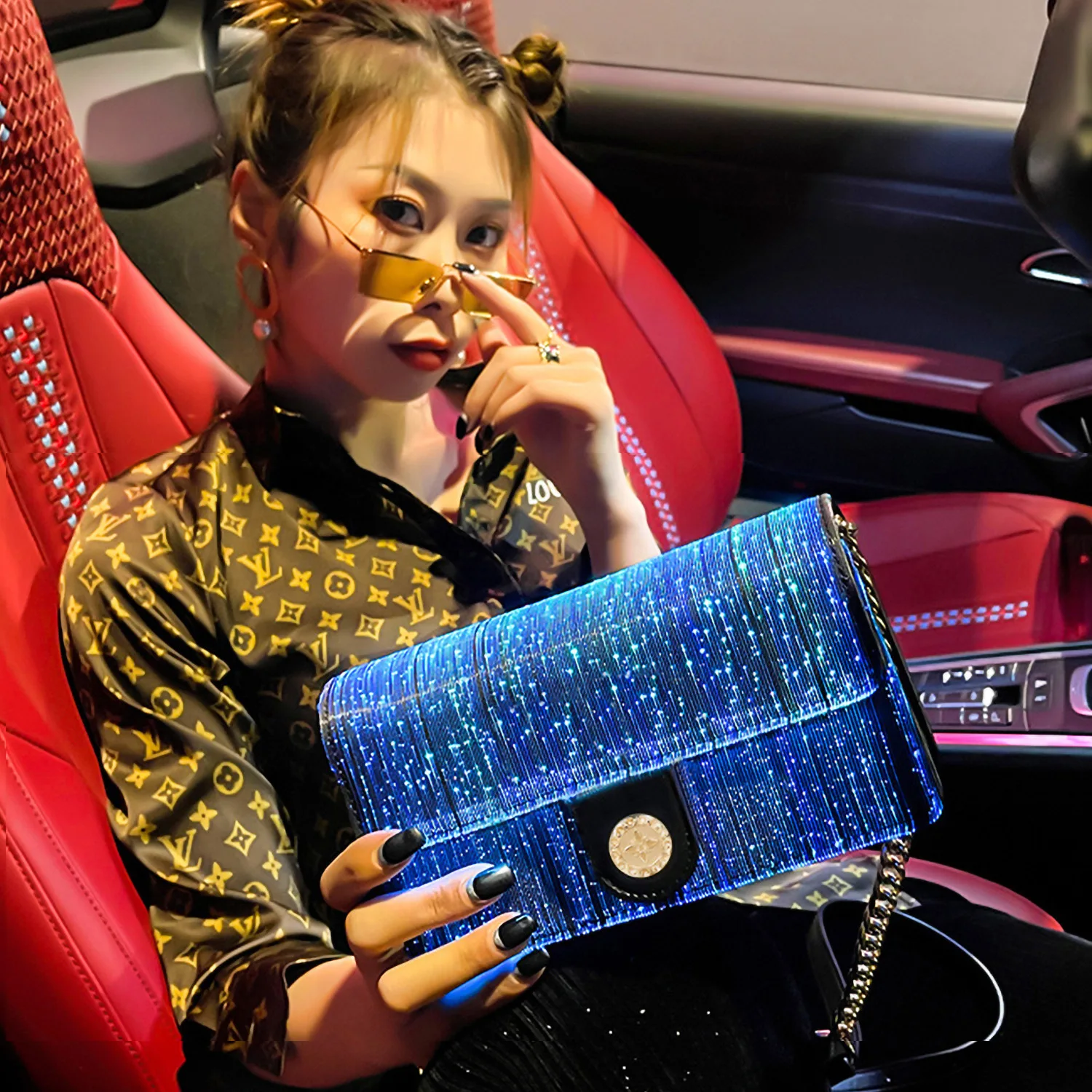 sacs carrés shoous colorés pour femmes, sac à bandoulière en tissu de fibre optique, lumière led, nouvelle mode initiée
